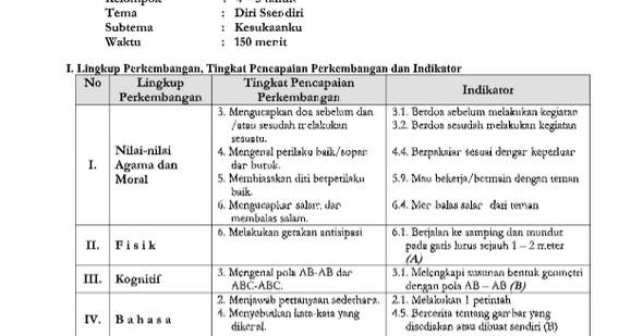 RKH Tema Diri Sendiri Sub Tema Kesukaanku Administrasi PAUD