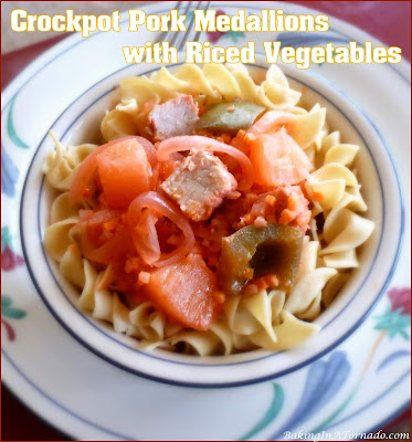 Crockpot Pork Medallions with Riced Vegetables is a flavorful pork tenderloin dinner incorporating riced vegetables. Mix the ingredients together in the crockpot and let it cook, it’s that easy. | Recipe developed by www.BakingInATornado.com | #recipe #dinner