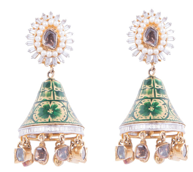4.A pair of diamond jhumki made in 14kt having 45.970gms weight with enamel and pearl and studded polki in centre and drops @222500 by SLG Jewellers-min 4.A pair of diamond jhumki made in 14kt having 45.970gms weight with enamel and pearl and studded polki in centre and drops @222500 by SLG Jewellers-min