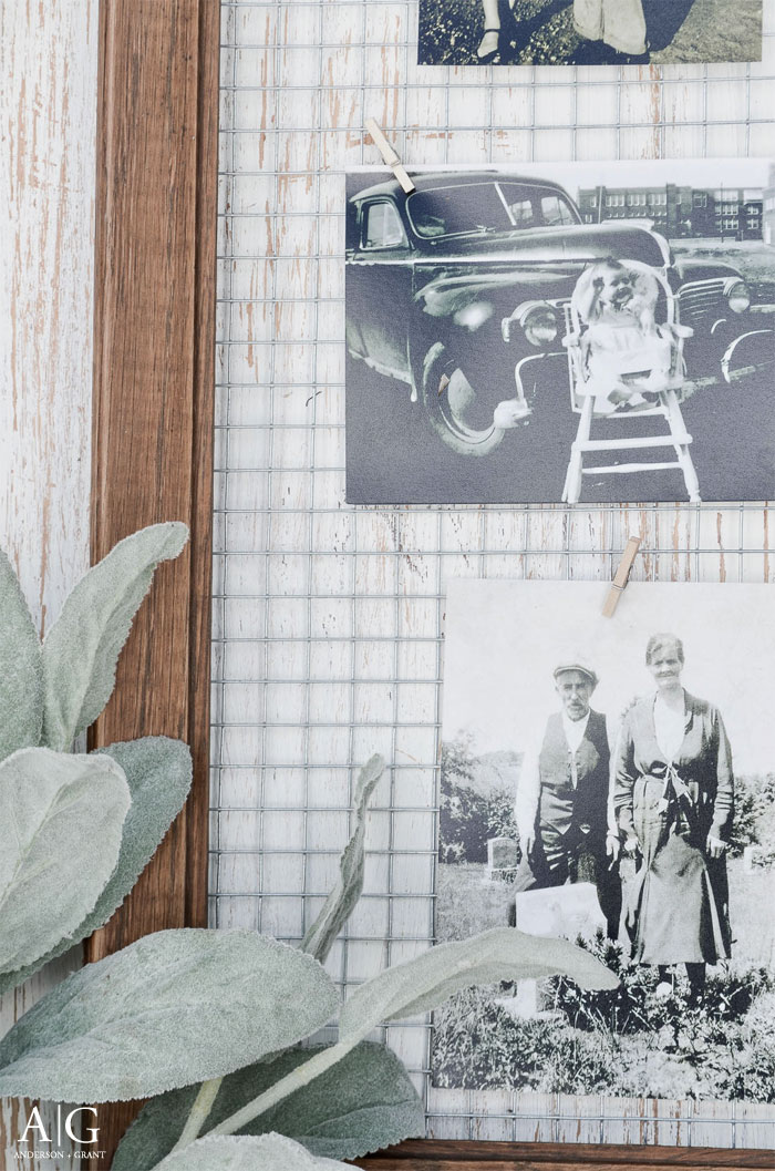 An old wood frame has been turned into a unique way to display photos with a little hardware cloth and clothespins.  ||  www.andersonandgrant.com