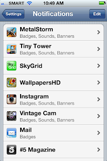 The iPhone 4S Notification Center settings for all installed apps.