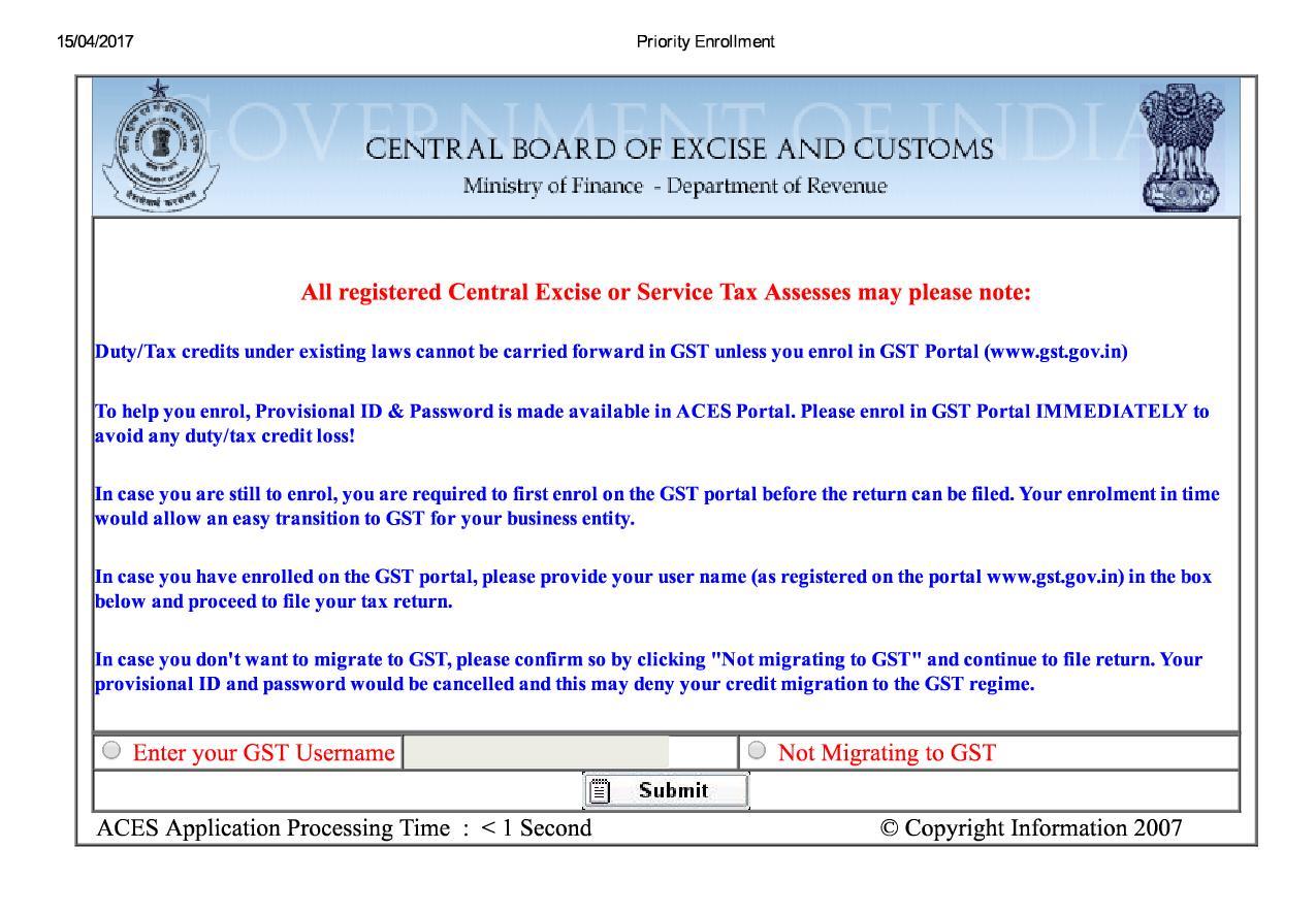 ... to GST" and continue to file return. Your provisional ID and password  would be cancelled and this may deny your credit migration to the GST  regime.