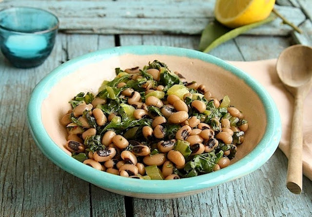 Blackeyed peas and chard stew in a bowl