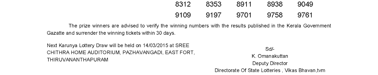 KARUNYA Lottery KR 180 Result 7-3-2015