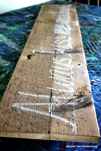 barn wood, salvaged sign, reclaimed, hand lettered, bedroom decor, http://bec4-beyondthepicketfence.blogspot.com/2015/05/always-kiss-me-sign.html