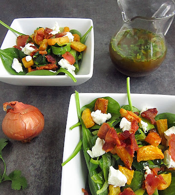 Roasted Golden Beet, Zucchini Noodle and Chevre Spinach Salad with an Orange Cilantro Hot Bacon Dressing @thebeautyofautumn