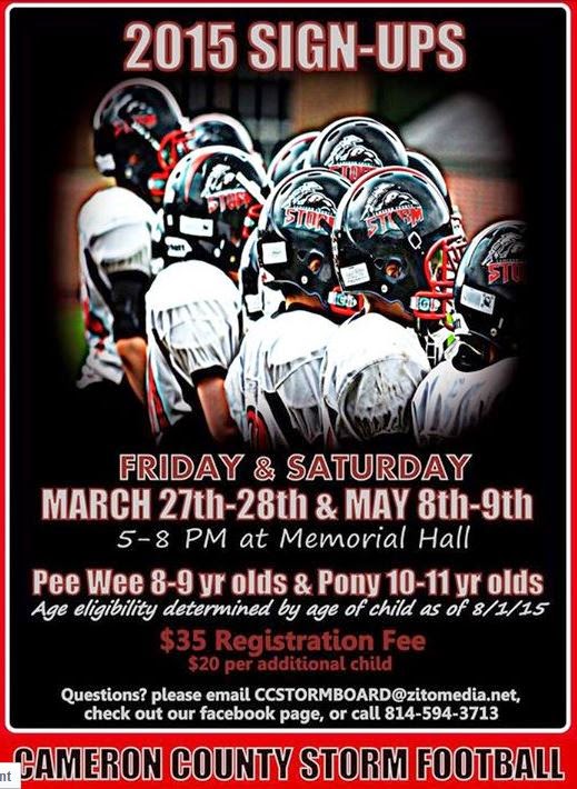 Cameron County PA News 2015 Cameron County Storm Football SIGN UPS!