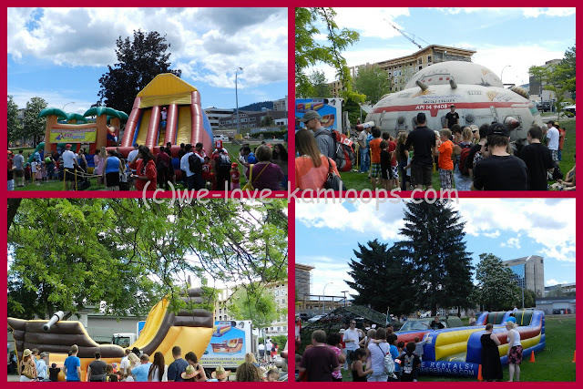 Several inflatable fun centers are set up for the kids to play in