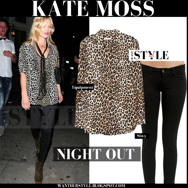 Kate Moss in leopard print blouse and black skinny jeans in London on