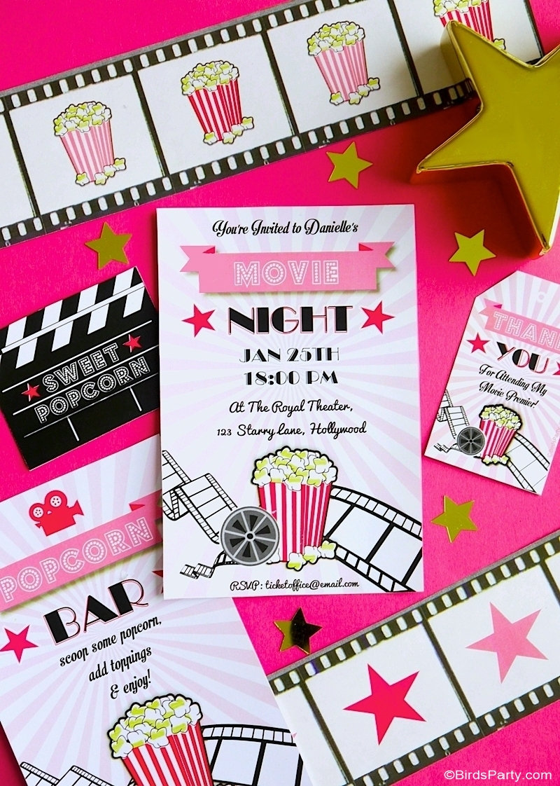 Movie Night Party Ideas in Pink, Gold and Black - easy, glam and girly ideas for hosting a cinema birthday party premiere, or watching the Oscars! by BirdsParty.com @birdsparty #oscarsparty #awardsparty #movieparty #movienightparty #oscarsviewingparty #cinemabirthday #cinemaparty #moviepartyideas #movieprintables