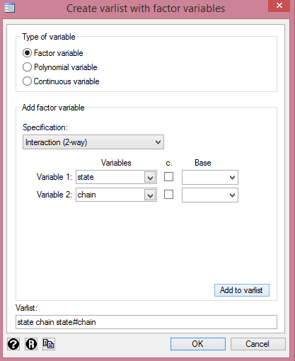 Dialog box for factor and interaction variables in Two-way ANOVA, Stata from http://cruncheconometrix.com.ng