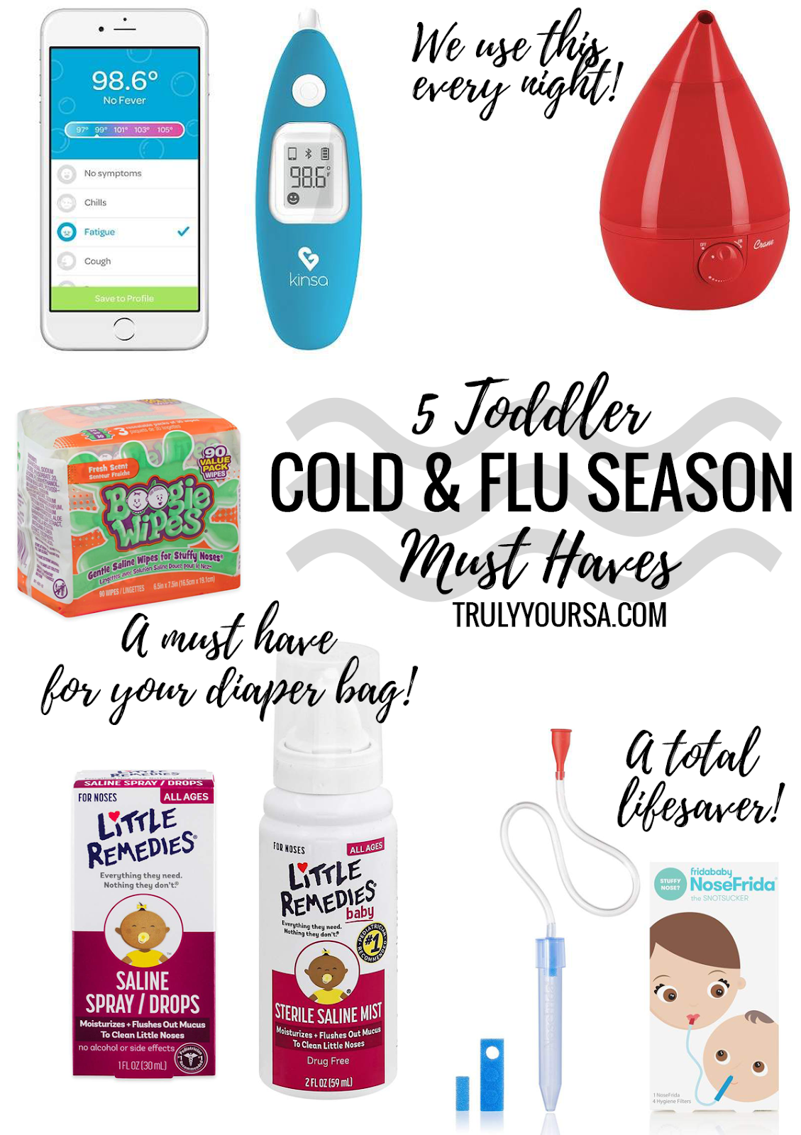 It's the start of a new year and that also means it's peak cold and flu season. As parents we do all we can to prevent our little ones from getting sick, but sometimes those pesky germs get the best of us. McKenna and I have already gone through one cold this season and everything on this list made it so easy. This year I've got you covered with the top 5 items you need to get through your first cold with a toddler and every one after!