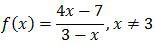 Fungsi f(x) = (4x-7)/(3-x), x≠3, fungsi pecahan linear, soal Matematika IPS No. 5 UN 2017