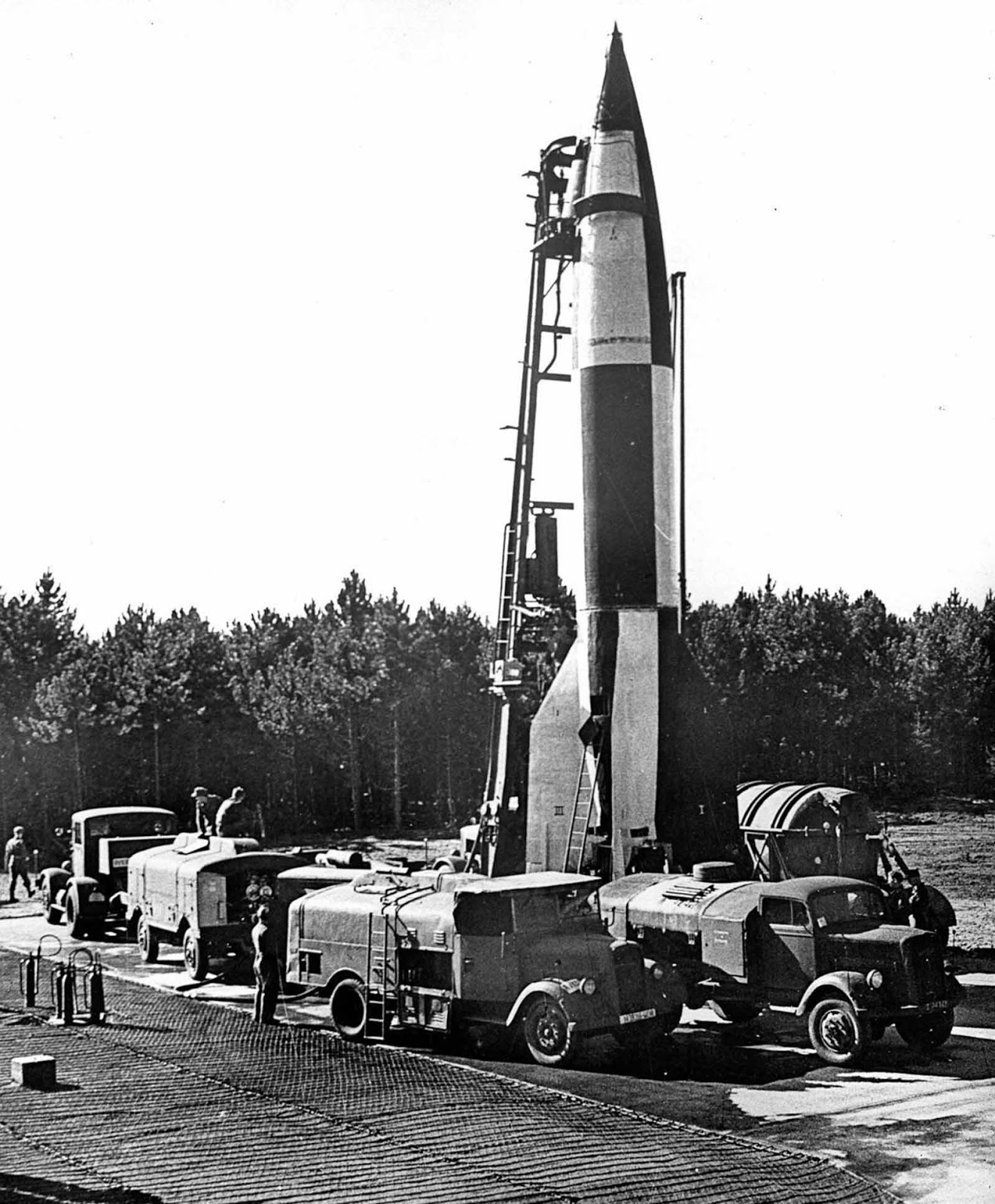 A V-2 rocket is prepared for launch in Cuxhaven, Germany. 1944.