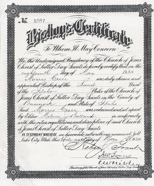 Creer Family History: Morris Creer Bishops Certificate Creer Family History: Morris Creer Bishops Certificate