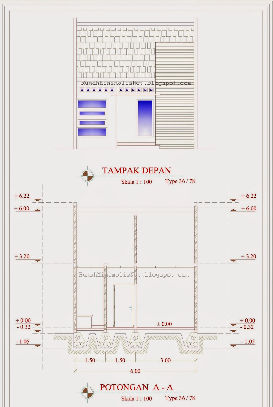 Denah Rumah Minimalis type 36 Tampak Depan