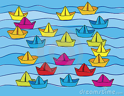 simple painting of brightly colored paper boats on blue water