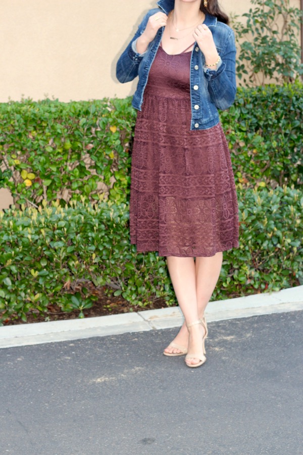 LunaVida Lace Place Denim Jacket + Midi Dress + Ankle Strap Heels