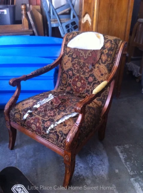 Scrappy styled burlap upholstered chair by Little Place Called Home Sweet Home, featured on I Love That Junk