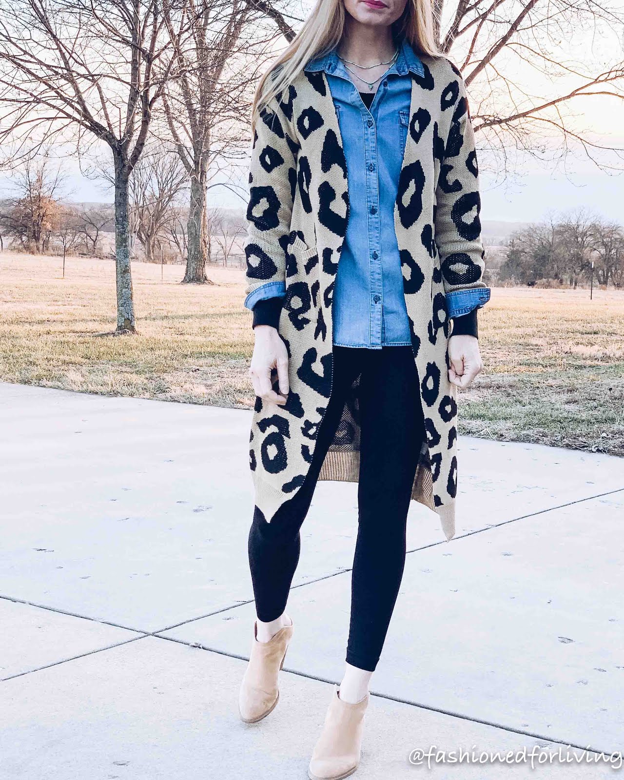long leopard cardigan outfit with leggings, chambray shirt and mules