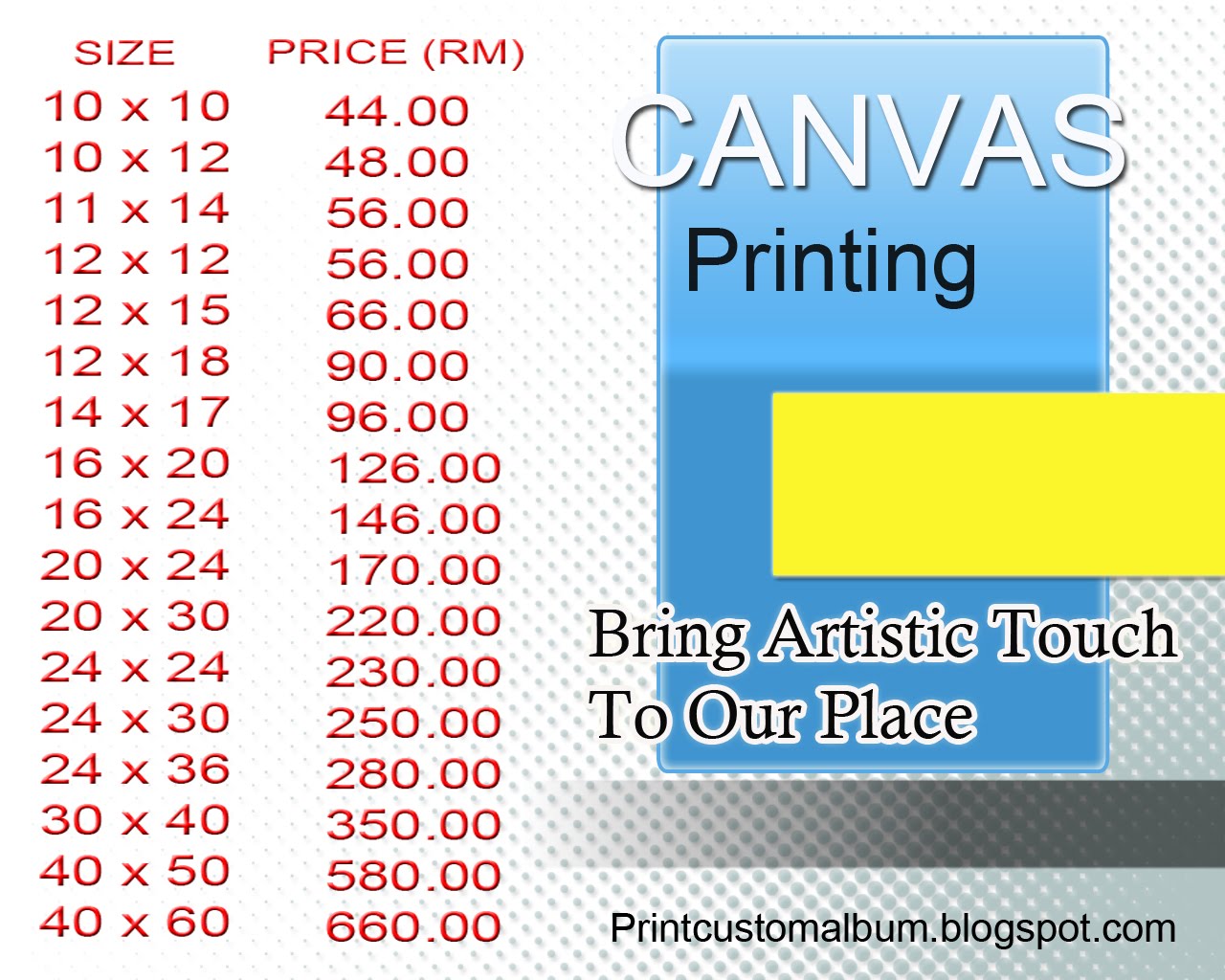 Wedding Album Services: Canvas Printing Price List