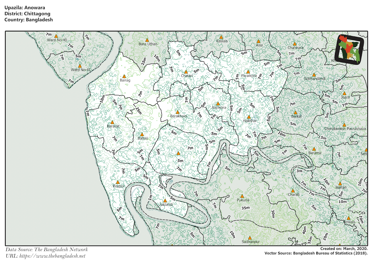 Anwara Upazila Elevation Map Chittagong District Bangladesh