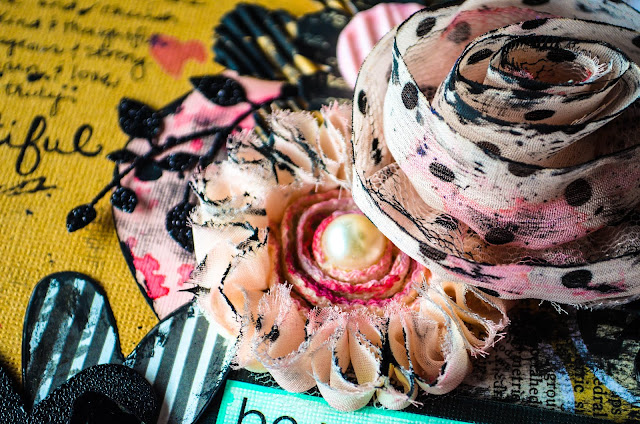 Be You{tiful}: True Beauty Mixed Media Scrapbook Page Layout by Carrie Williams - Dearzae.com Beauty mixed media scrapbooking page layout with heat embossed chipboard, washi tape, polka dots, die cuts, in contemporary grunge style