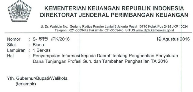 Inilah Surat Resmi Kemenkeu Tentang Penghentian Penyaluran