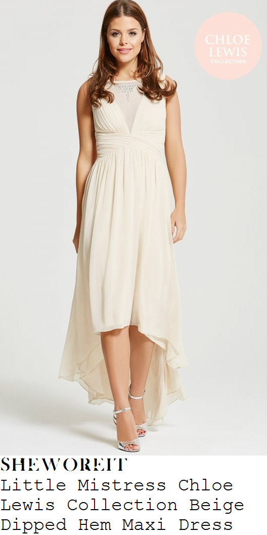 chloe-lewis-cream-beige-embellished-neckline-sleeveless-ruched-dipped-hem-maxi-dress-instagram