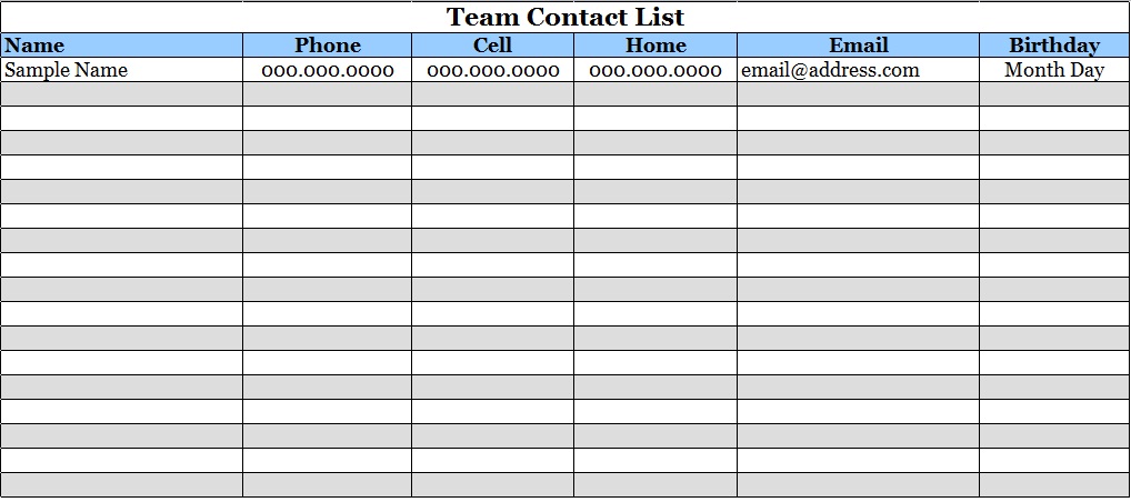 team contact list