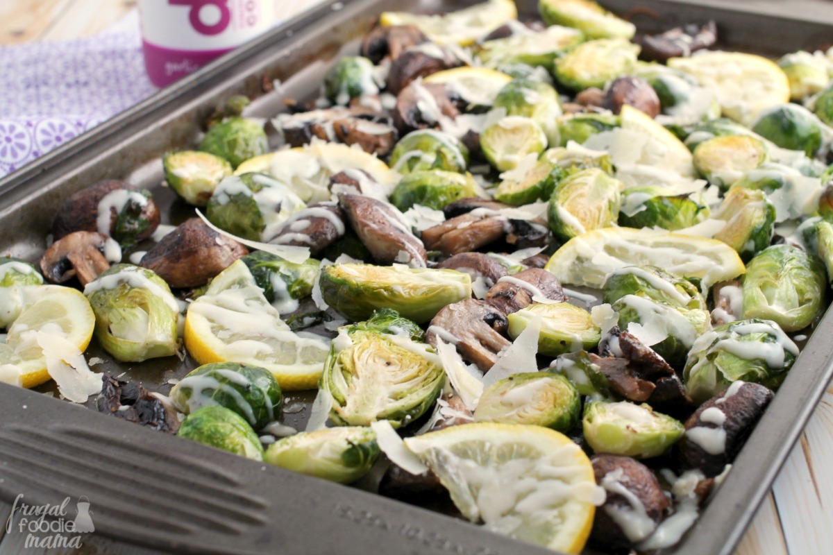 Frugal Foodie Mama Garlic Parmesan Roasted Brussels Sprouts & Mushrooms