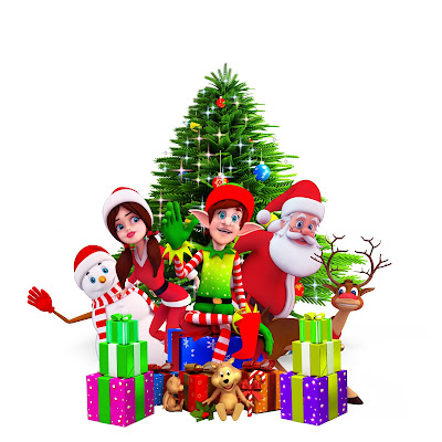 Personajes navideños junto al arbol de Navidad con Santa Claus