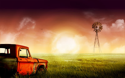 Truck On Fields Sunset HD Wallpaper