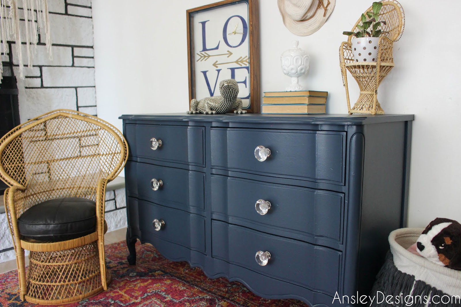 Ansley Designs Navy Blue French Provincial Dresser With Crystal Knobs