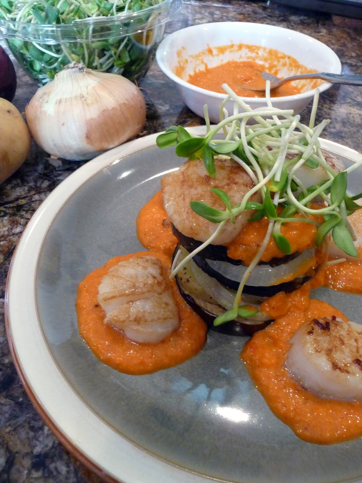Chef Bolek Pan Seared Scallops with a Roasted Red Pepper Curry Coulis