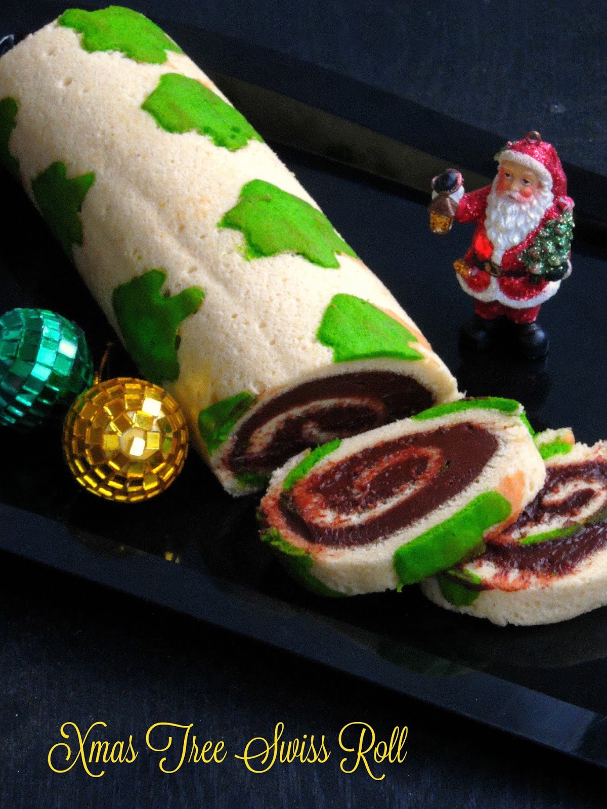Priya's Versatile Recipes Christmas Tree Patterned Swiss Roll Cake