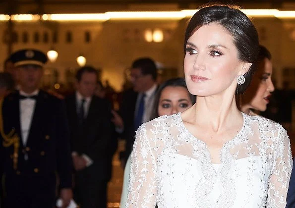 Queen Letizia wore a lace dress by Felipe Varela, diamond earrings