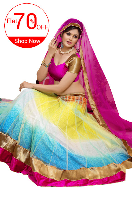 Colorful Holi Festival 2016 Designer Multi Color Chiffon Lehenga Choli with Holi Special Offer 70% Off Discount Sale at Pavitraa.in