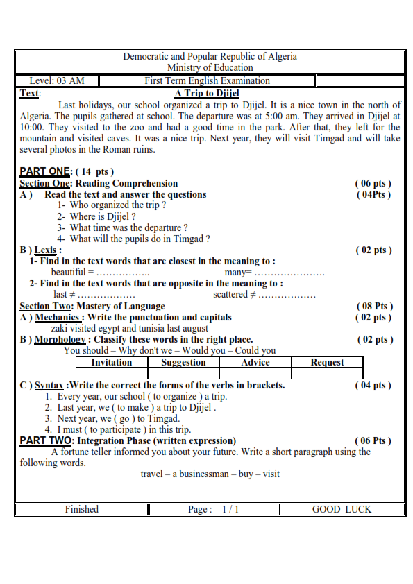 اختبار الفصل الاول في مادة الانجليزية للثالثة متوسط اختبار الفصل الاول في مادة الانجليزية
