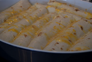 Baked ham and cheese enchiladas topped with egg and more shredded cheese, ready to be served.