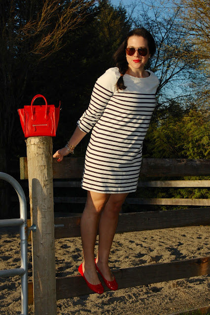Gap striped dress, Tory Burch ballet flats and a Celine Nano Luggage tote
