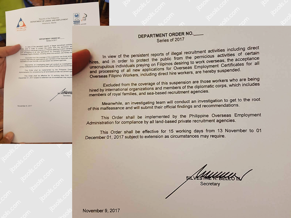 Department of Labor and Employment Secretary Silvestre Bello III suspends the issuance of OEC for the new applicants starting November 13 to December 12. This is in respond to persistent reports of illegal recruitment activities and for the protection of the public. Advertisements   In a Department Order dated November 9 signed by  Labor Sec. Bello it is stated that: "In view of persistent reports of illegal recruitment activities including direct hires, and in order to protect the public from pernicious activities of certain unscrupulous individuals preying on Filipinos desiring to work overseas, the acceptance and processing of all new applications for Overseas Employment Certificate for all Overseas Filipino Workers, including direct hire workers , are hereby suspended." However, workers who are being hired by international  organizations and members of diplomatic corps, royal families and sea-based recruitment agencies are excluded from the suspension. An investigating team is also on the move to get the root of the said malfeasance and will be submitting their official findings and recommendations. The suspension will be effective starting November 13 to December 1 and shall be implemented by the Philippine Overseas Employment Administration covering all land-based private recruitment agencies. Sponsored Links   Advertisement Read More:     ©2017 THOUGHTSKOTO