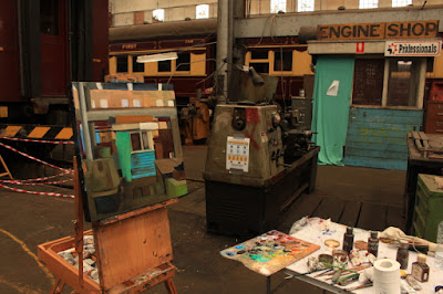 Plein air oil painting of interior of the Large Erecting Shop in Eveleigh Railway Workshops painted by industrial heritage artist Jane Bennett Plein air oil painting of interior of the Large Erecting Shop in Eveleigh Railway Workshops painted by industrial heritage artist Jane Bennett