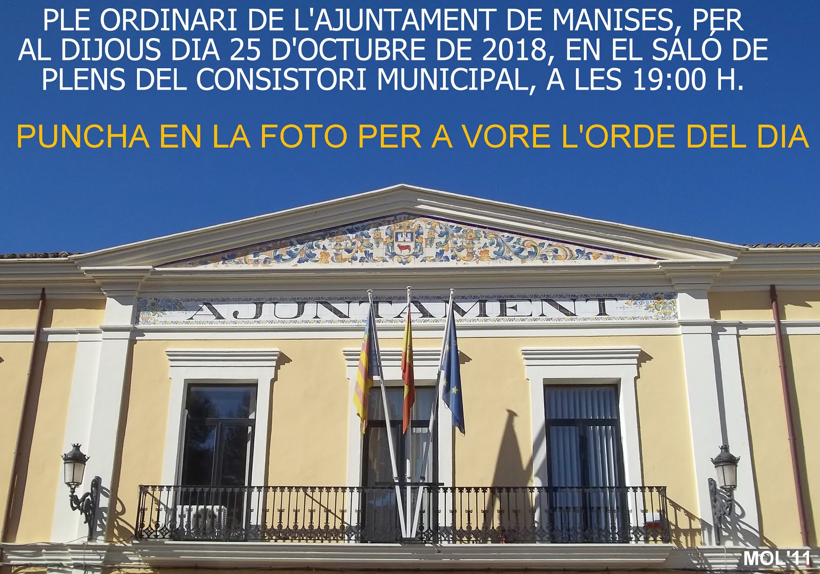 25.10.18 PLENO ORDINARIO DEL AYTO. DE MANISES DEL MES DE OCTUBRE