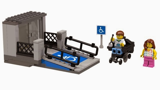 Lego model of a house with a wheelchair ramp, plus a Lego figure in a wheelchair