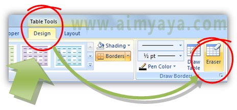  Gambar: Cara mengakses tombol eraser untuk menghapus border tabel di microsoft word