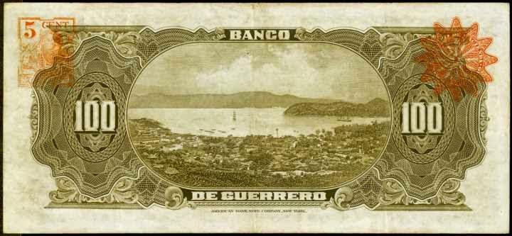 Mexico 100 Pesos banknote Banco de Guerrero, view of the city of Acapulco and Acapulco Bay