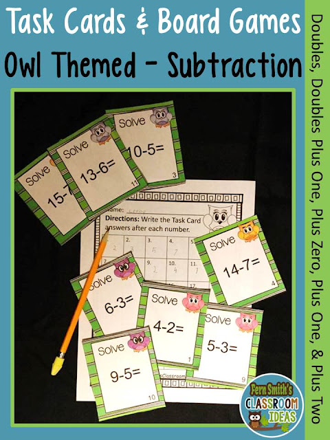  Fern Smith's Classroom Ideas Subtraction Task Cards, Recording Sheet and Board Game - Owl Themed for Doubles, Doubles Plus One, Plus One, Plus Two and Plus Zero at TeacherspayTeachers.