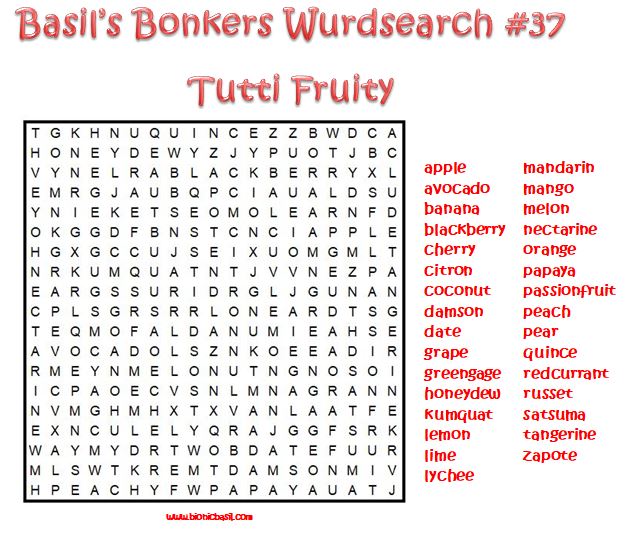 Basil's Brain Training with cats Wordsearch Tuttie Fruity Theme