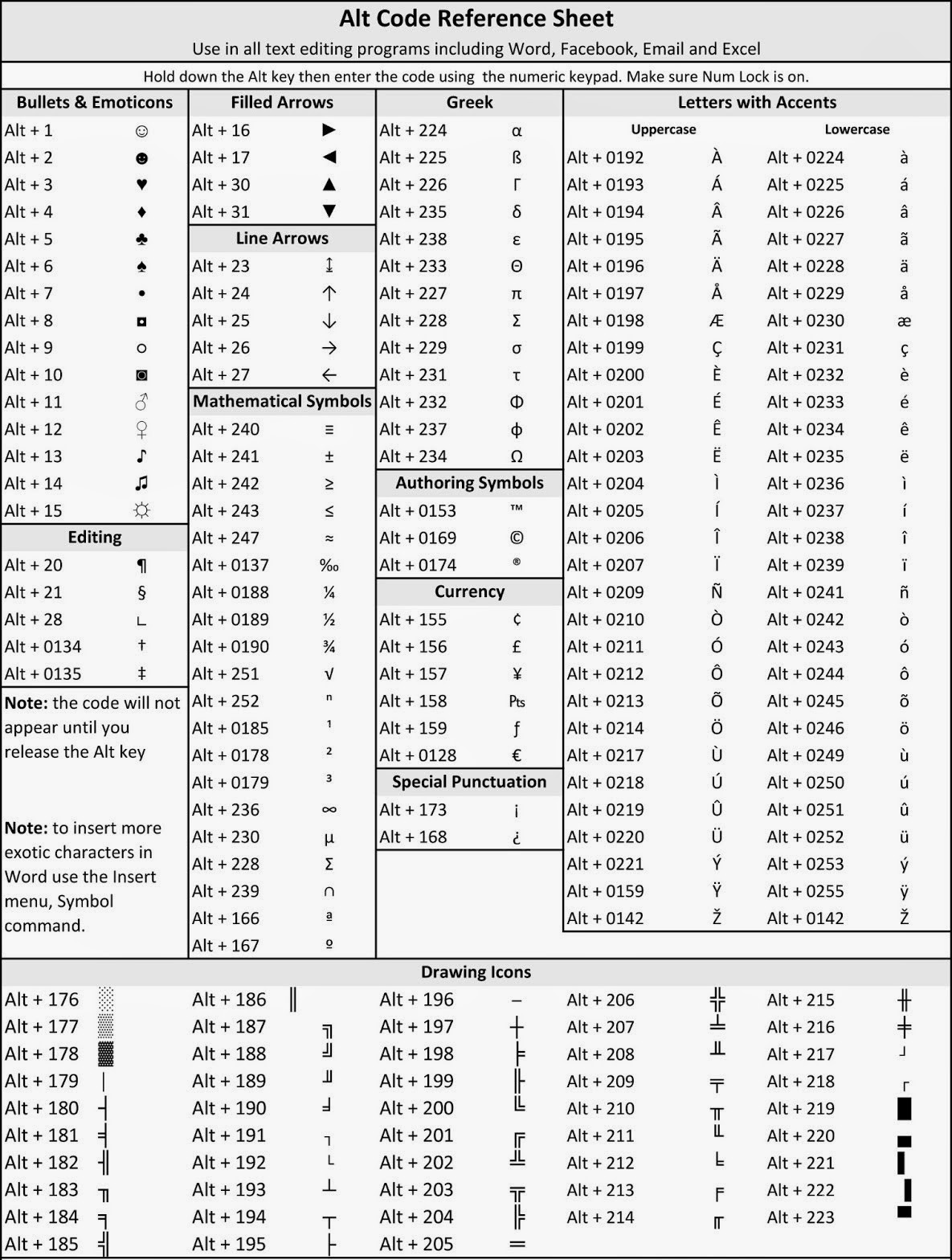 Printable Windows Alt Codes